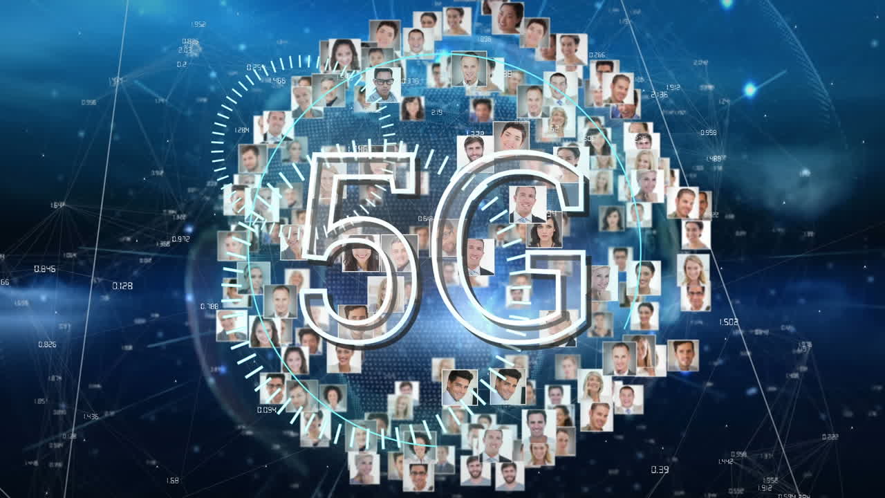 animación de texto 5g con globo y fotos red de conexiones