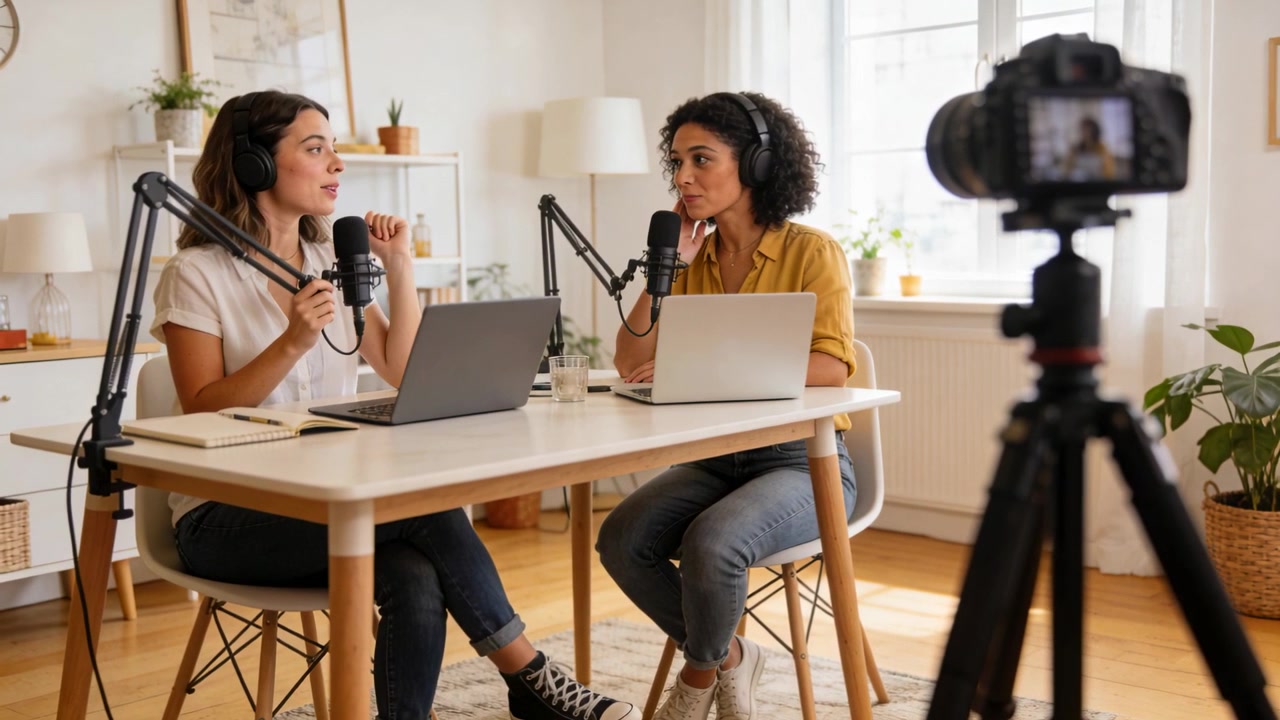 Filming hosts mustard-top white-top at studio while right host starting to speak for podcast, mics
