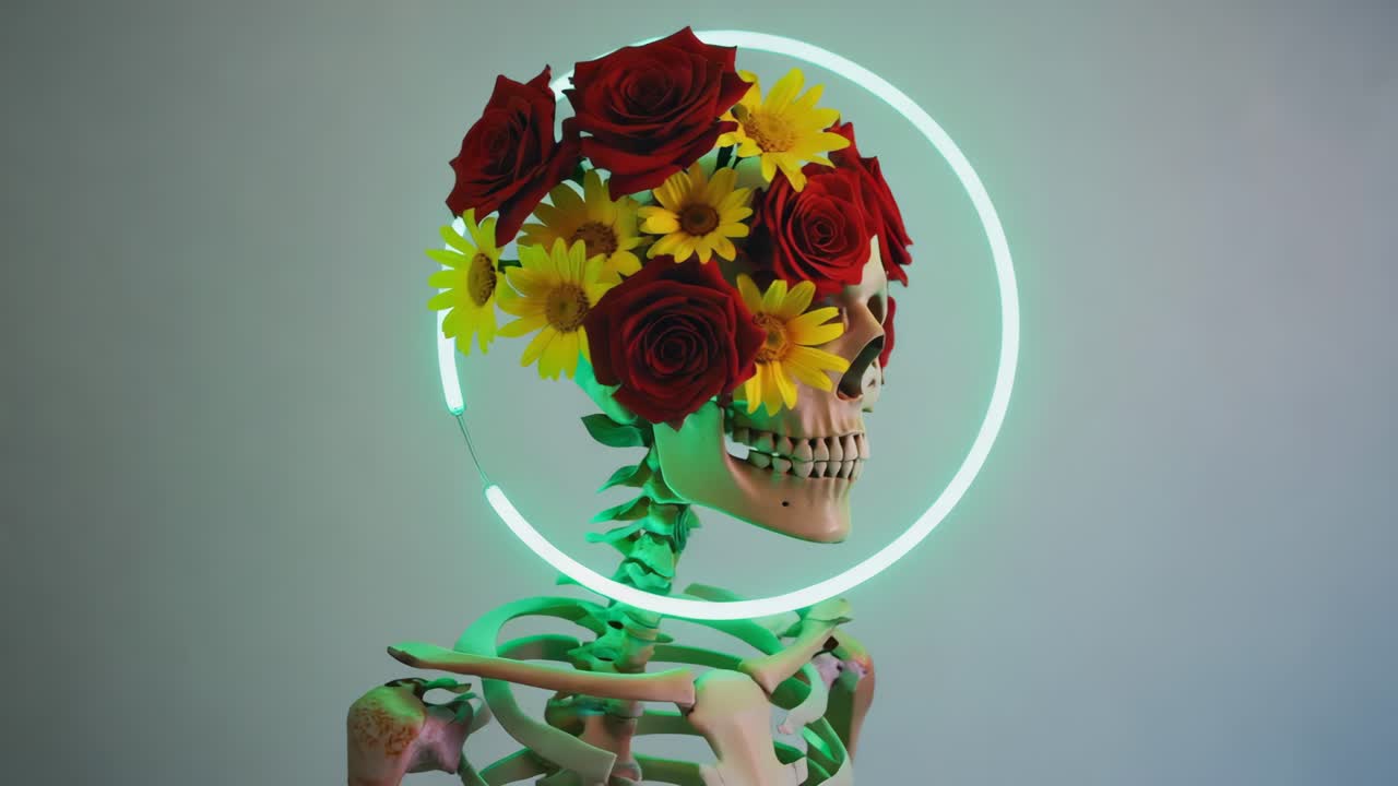 Skeleton with Floral Crown and Neon Halo