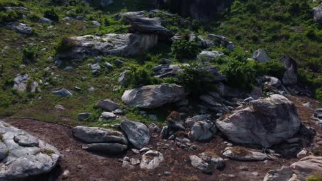 boulders and scattered rocks in grassy patchy terrain captured from low altitude aerial, natural backdrop
