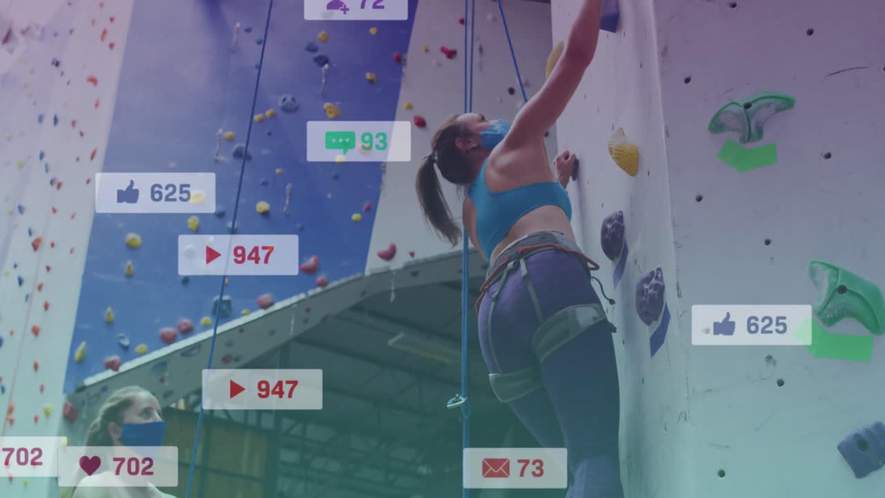 등반 벽에 얼굴 마스크를 쓴 백인 여성 위에 미디어 아이콘의 애니메이션