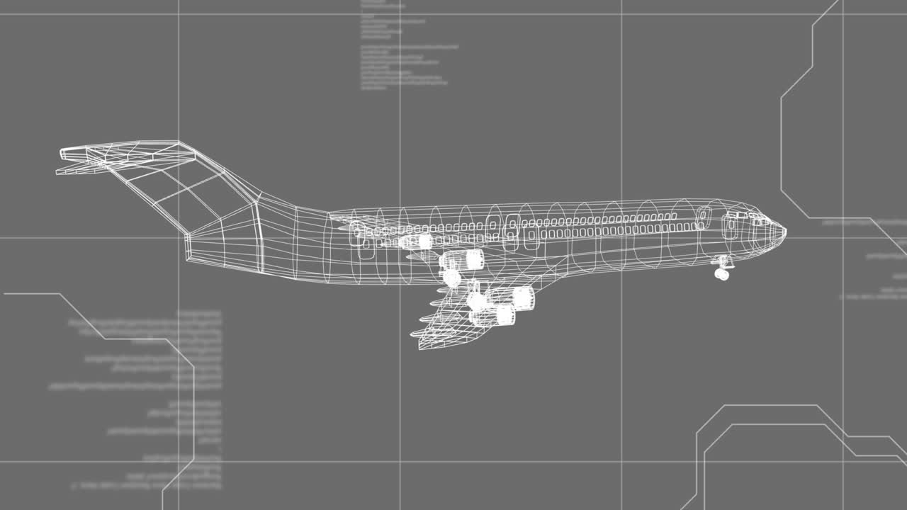 데이터 처리의 애니메이션과 회색 배경에 회전하는 비행기의 3d 모델