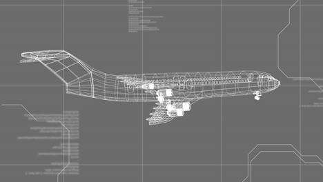 animación de procesamiento de datos y modelo 3d de avión girando sobre fondo gris