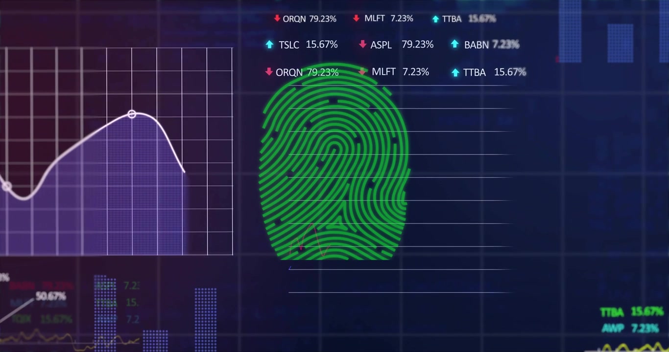 Finance dashboard showing purple chart, white trendline over grid with red or green arrows on symbol
