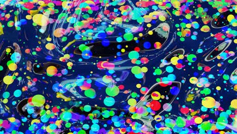 fondo en bucle abstracto de superficie brillante brillante como líquido transparente ondulado con círculos de color arco iris flotan como gotas de pintura en aceite. hermoso fondo creativo con gradiente de color en 4k. 3d