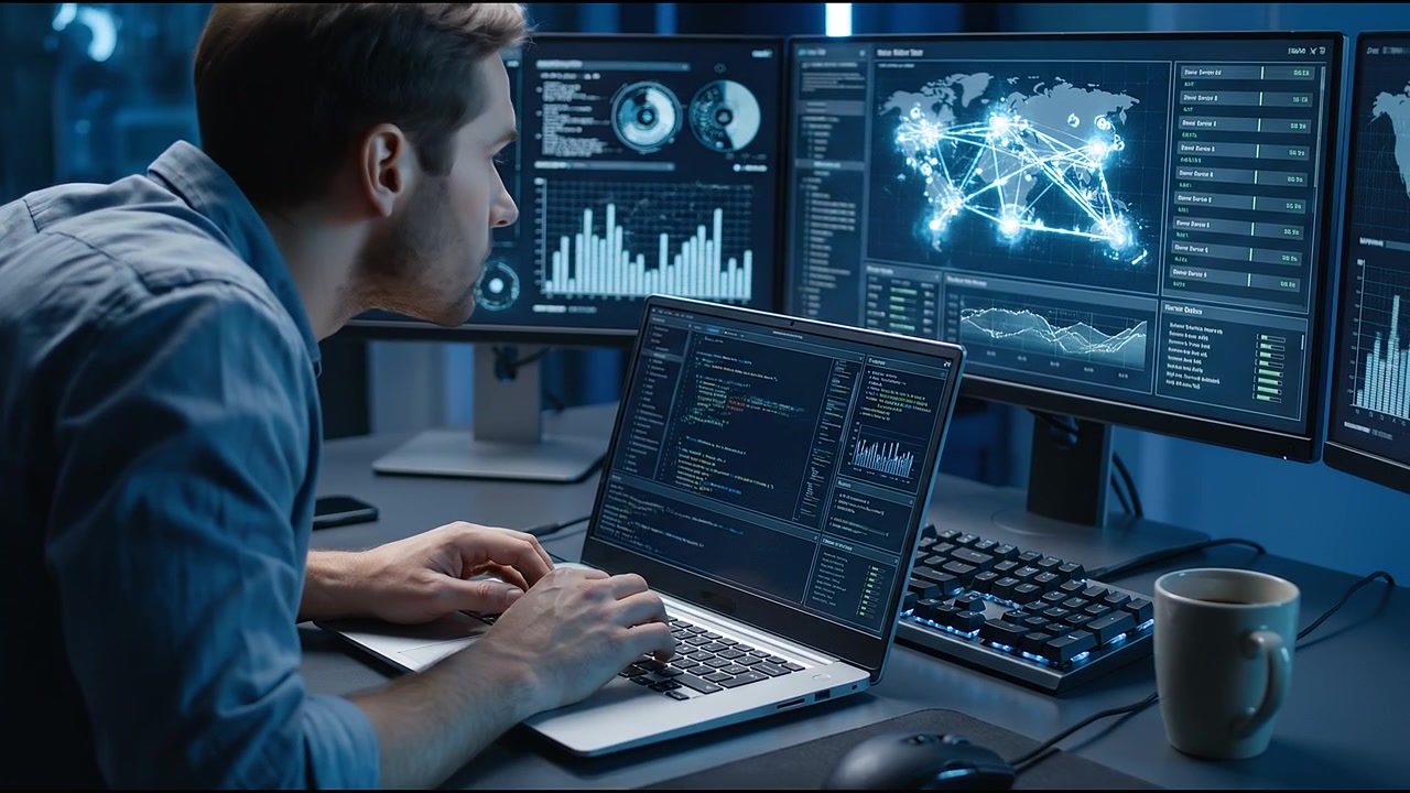 Programmer Typing Code on Laptop with Multiple Monitors