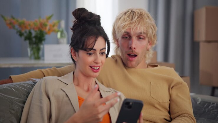 Excited Couple Looking at Smartphone in Their New Home