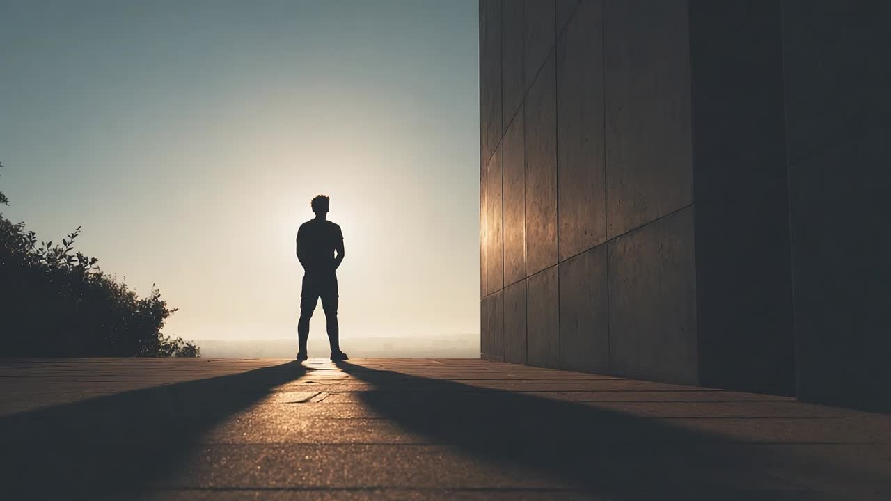Silhouette of a person against sunset with strong shadows