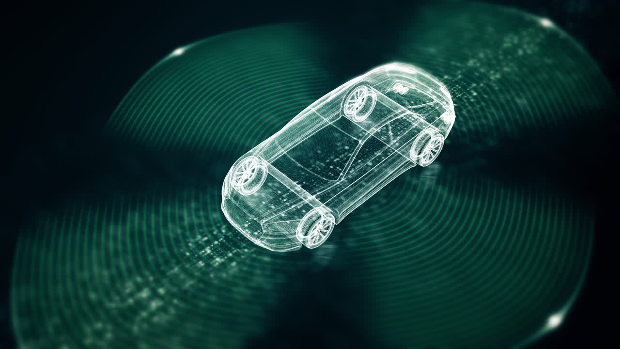 첨단 모션 그래픽은 인간 개입 없이 독립적으로 작동할 수 있는 자아 인식과 포적 인 환경 감지 기능을 갖춘 자율적인 차량을 보여줍니다.