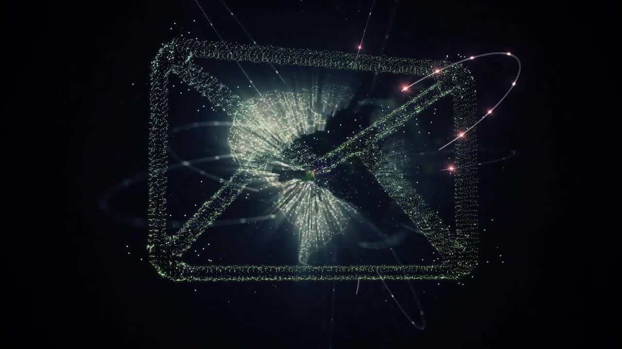 Animation of digital envelope with glowing particles and abstract data visualization
