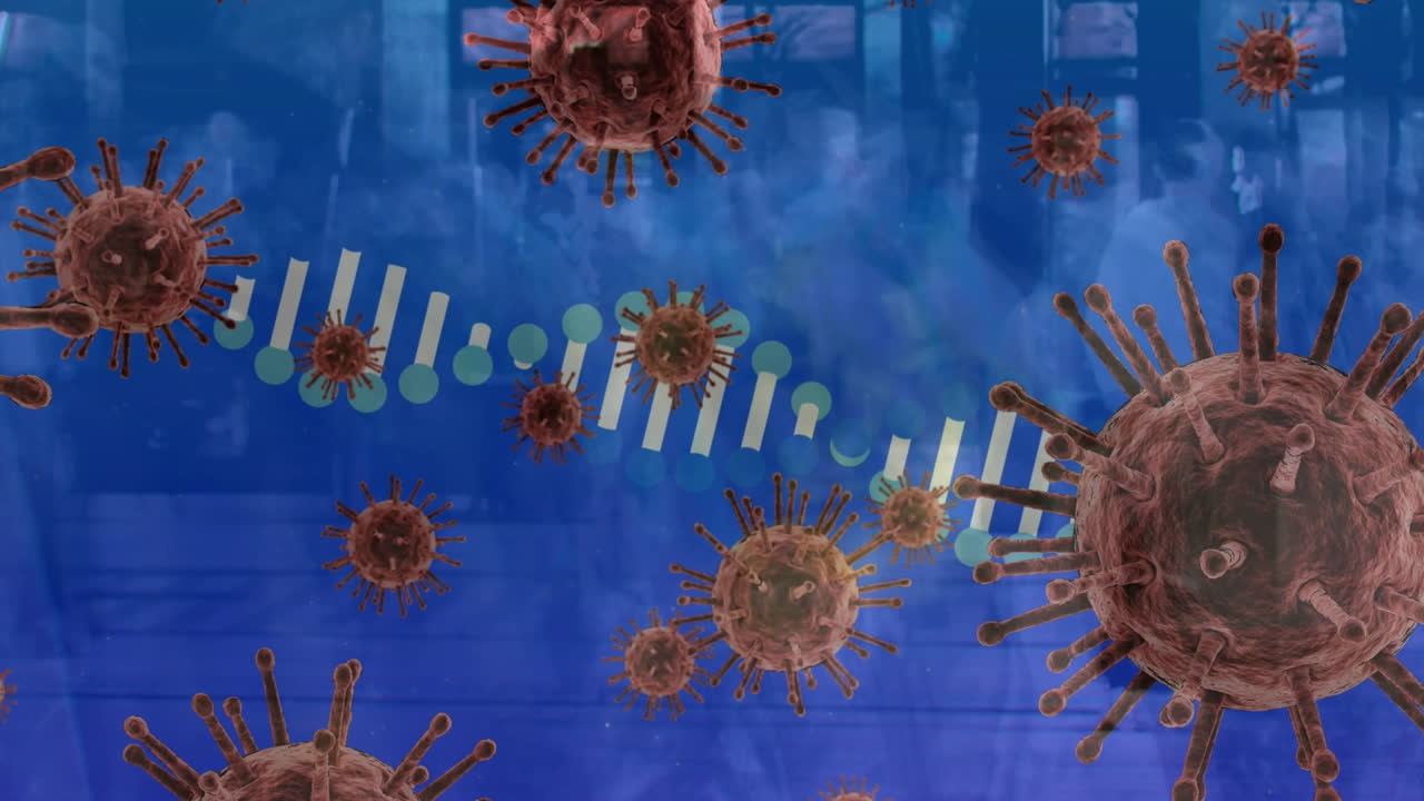 animación de células de virus y cadena de adn sobre diversas personas en la calle