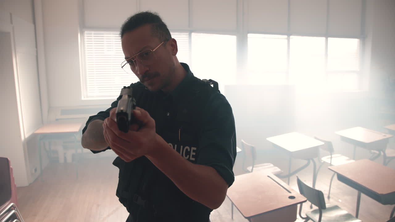 Police officer with a drawn gun in a classroom slow motion