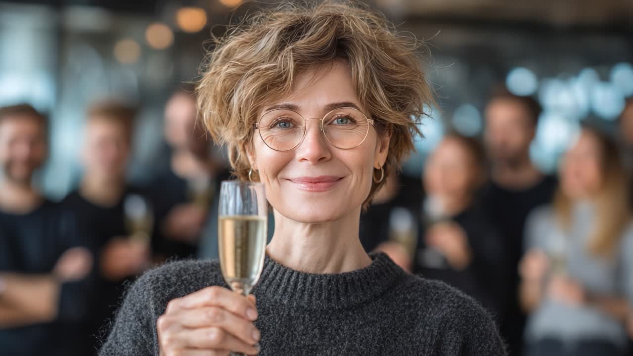 Celebrazione di gioia: una donna alza un bicchiere di champagne sorridendo tra amici in un'atmosfera festosa