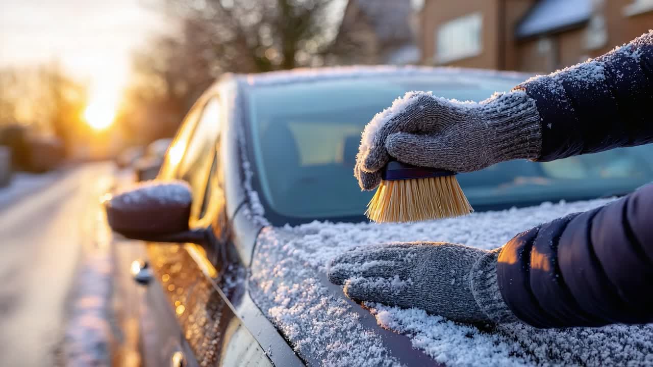 A Person Clearing Snow from a Car Roof at Sunset: Capturing the Tranquility of Winter Mornings and the Challenges of Seasonal Weather Conditions