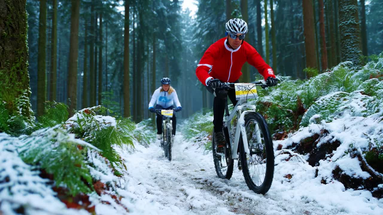 Winter Mountain Biking Adventure: Two Cyclists Navigate a Snow-Covered Forest Trail Surrounded by Lush Evergreen Trees and Winter Atmosphere