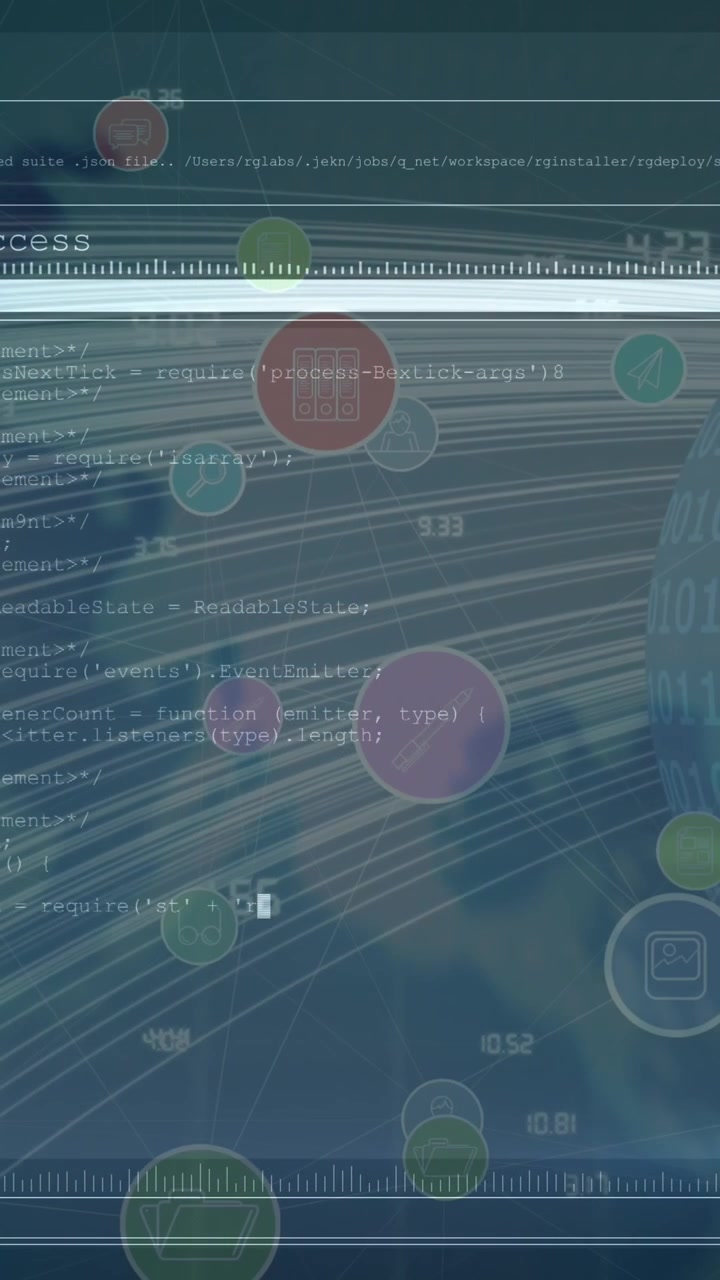 Animation of network of connections with icons over globe and data processing