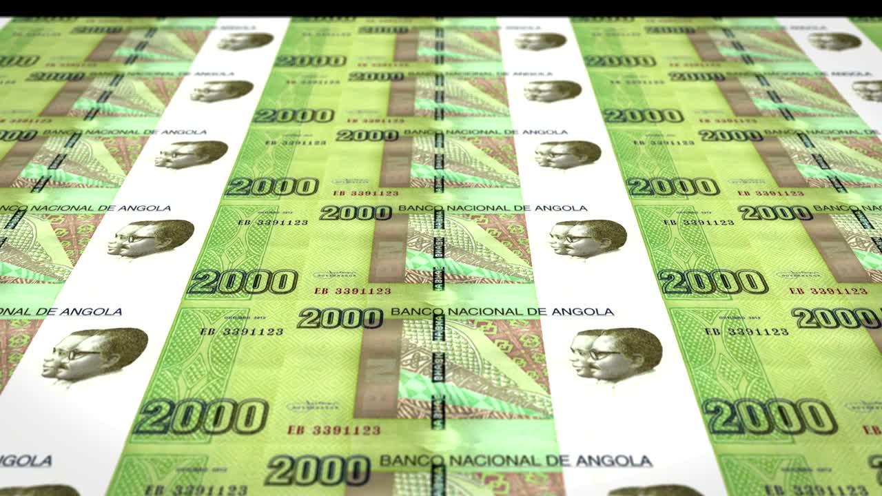 앙골라 공화국 중앙은행의 2천 자 지폐는 화면에 굴러, 세계 동전, 현금, 루프