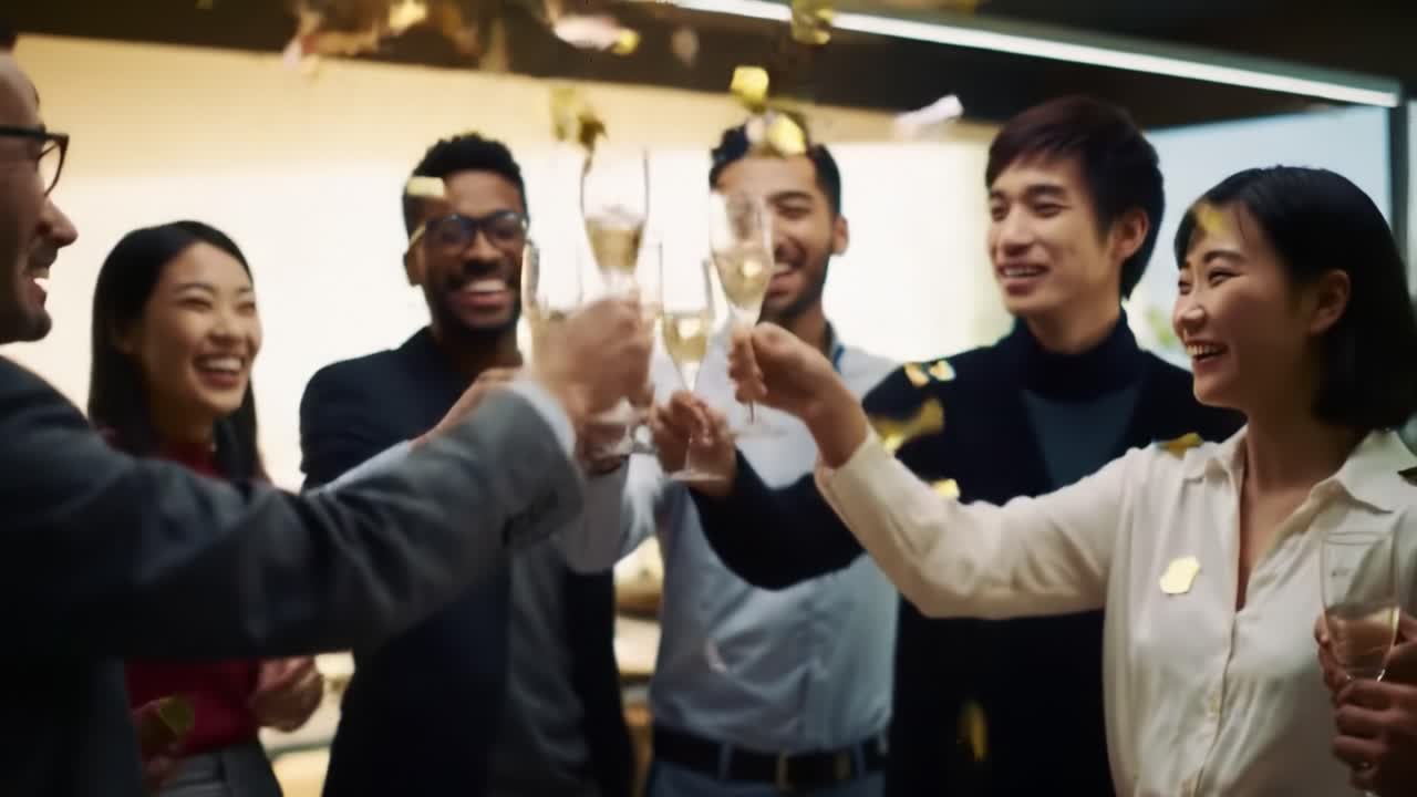Celebration of Friendship: A Group of Joyful Individuals Raise Their Glasses in Toast, Surrounded by Colorful Confetti, Capturing a Moment of Togetherness and Happiness