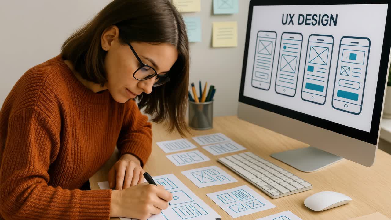 En kvinde designer UX-layouts ved et skrivebord, set fra siden.