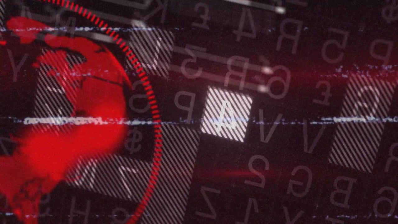 Striped rectangle appearing and rotated numeric label moving, red globe sweeping left, showing data