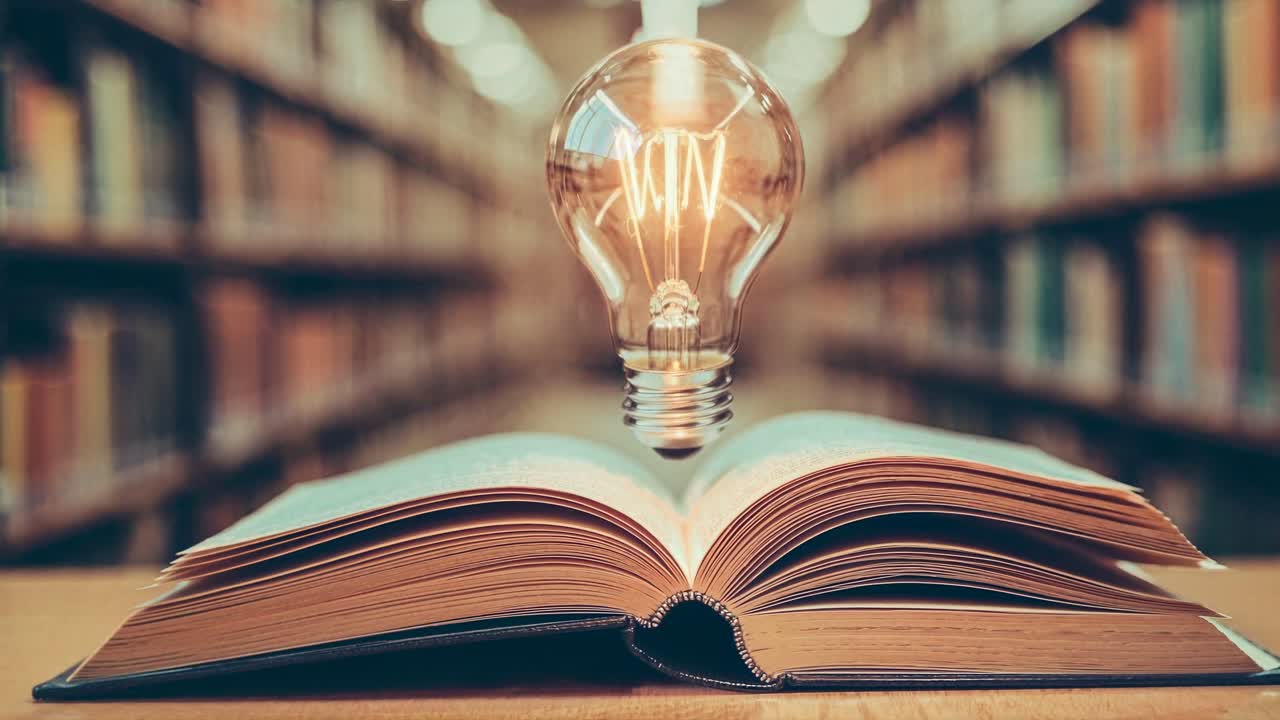 A creative video concept showing an open book with a glowing light bulb above, symbolizing ideas