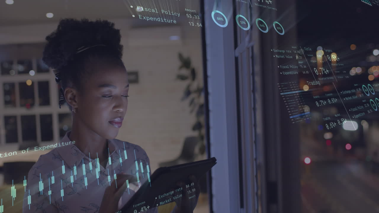 Animation of financial data processing over african american businesswoman in office