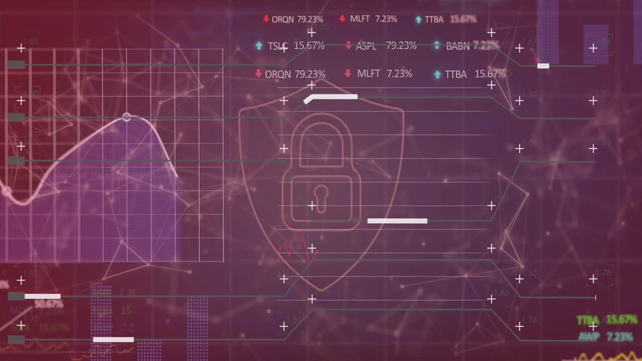 Animation of padlock and financial data processing over dark background