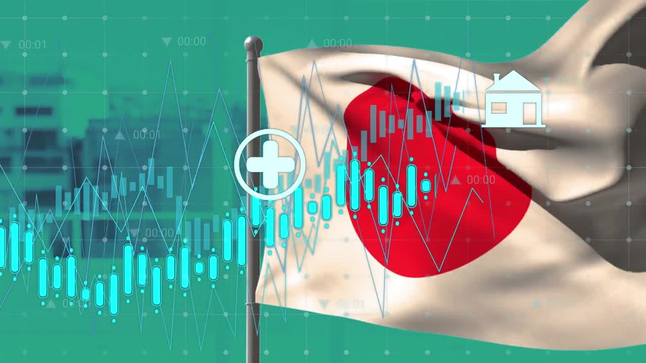 파란색 배경에 일본의  ⁇ 발 위에 금융 데이터 처리의 애니메이션