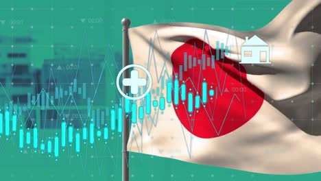 Animation-of-financial-data-processing-over-flag-of-japan-on-blue-background