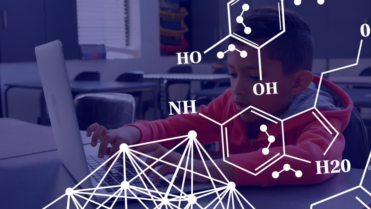 Animation of chemical shapes over biracial boy using laptop