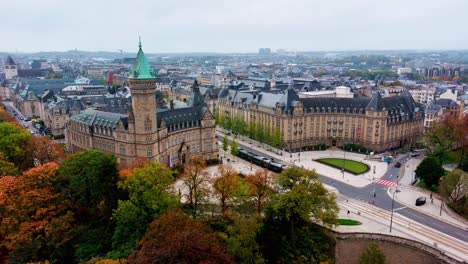 Drone-shot-of-Place-de-Bourbon-in-Luxembourg-city-during-sunrise