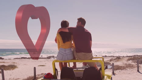 couple sitting on beach buggy with heart animation over ocean background