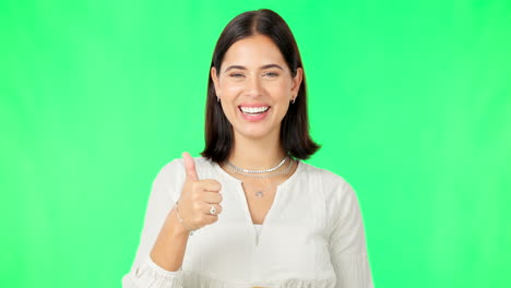 Happy-woman,-hand-and-thumbs-up-on-green-screen