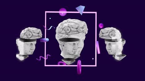 Animation-of-antique-head-sculptures-over-purple-shapes-on-purple-background