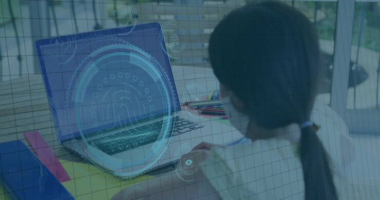 Female student leaning at laptop, DATA PROTECTION initiating HUD rings forming fingerprint icon