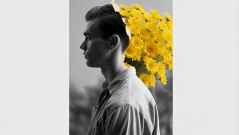 surreal portrait of a man with yellow flowers