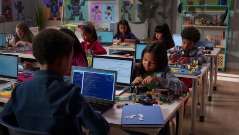 children learning robotics and coding in a stem classroom
