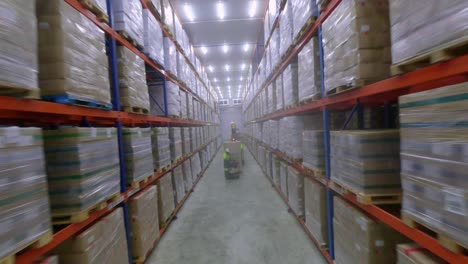 forklifts moving cargo in cold storage facility in warehouse with tall shelves