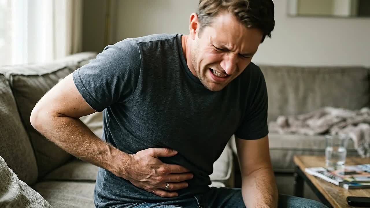 Young man sitting on couch holding abdomen tightly while experiencing severe stomach pain at home