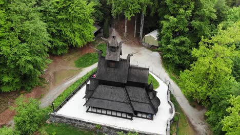 Aerial:-Fantoft-Stave-Church,-Fantoft-stavkirke-in-Bergen