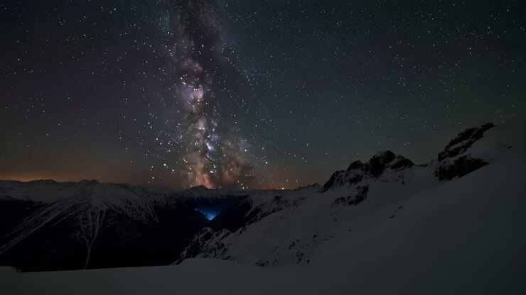 Time Lapse of Milky Way and Stars Over Snowy Mountains at Dawn