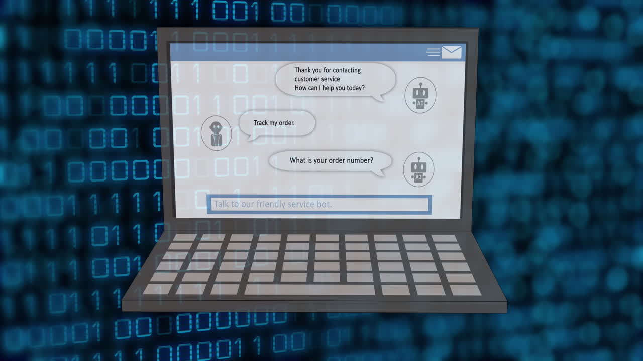 animación de datos de ia, chat e iconos en la pantalla del portátil y codificación binaria