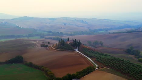 fantastic aerial top view flight house morning atmosphere rural idyllic environment tuscany italy