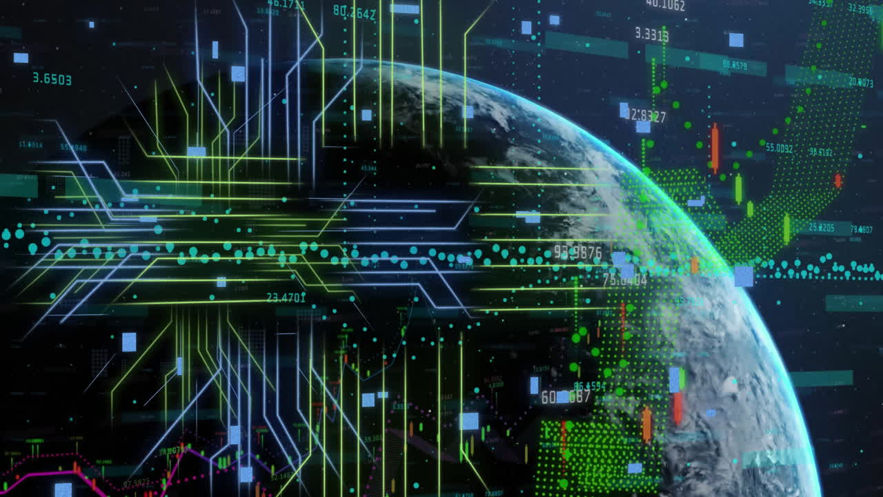 Animation of financial data processing over globe