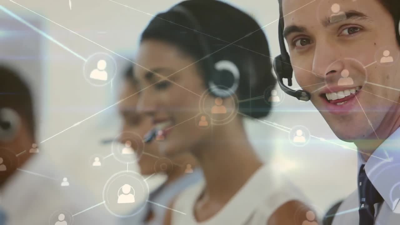 Animation of network of profile icons over caucasian female customer care executive at office