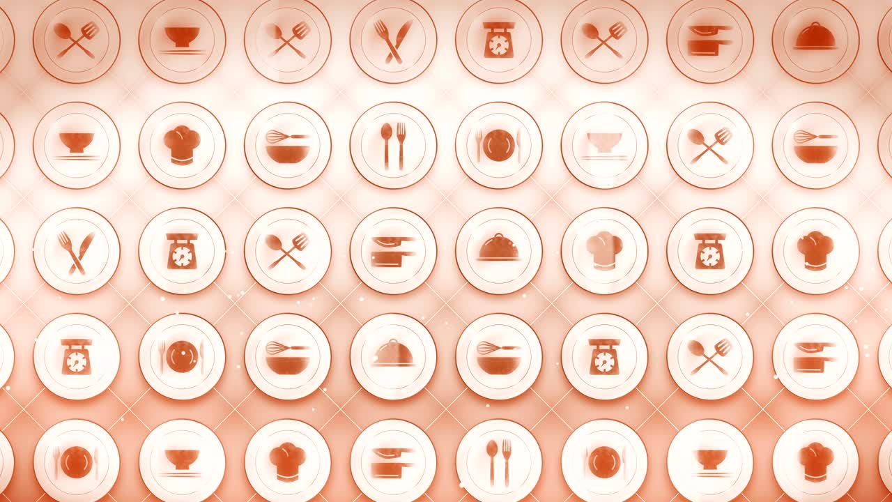 레스토랑 아이콘의 세트, 레스토랑 요리 장비 배경, cg 루프 애니메이션