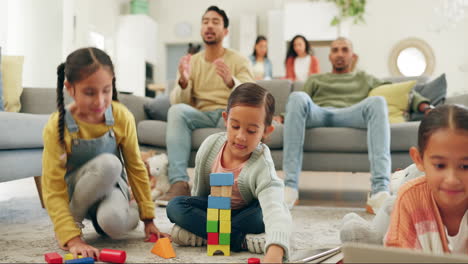 Men,-watching-tv-and-children-with-toys