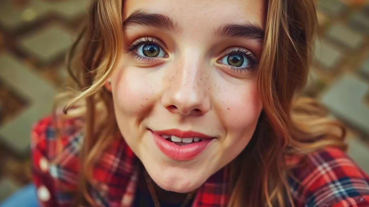 파란 눈과 빨간색 크레이드 셔츠를 입은 어린 소녀