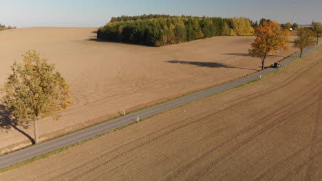 Beautiful-sunset-over-country-roads-and-farm-field-trees,-aerial-view