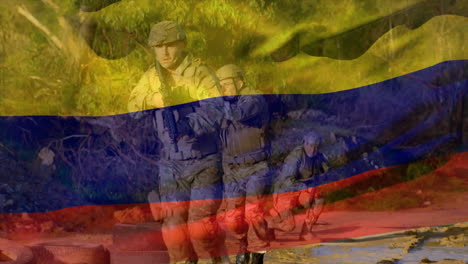 animación de la bandera de colombia sobre varios soldados varones caminando con armas